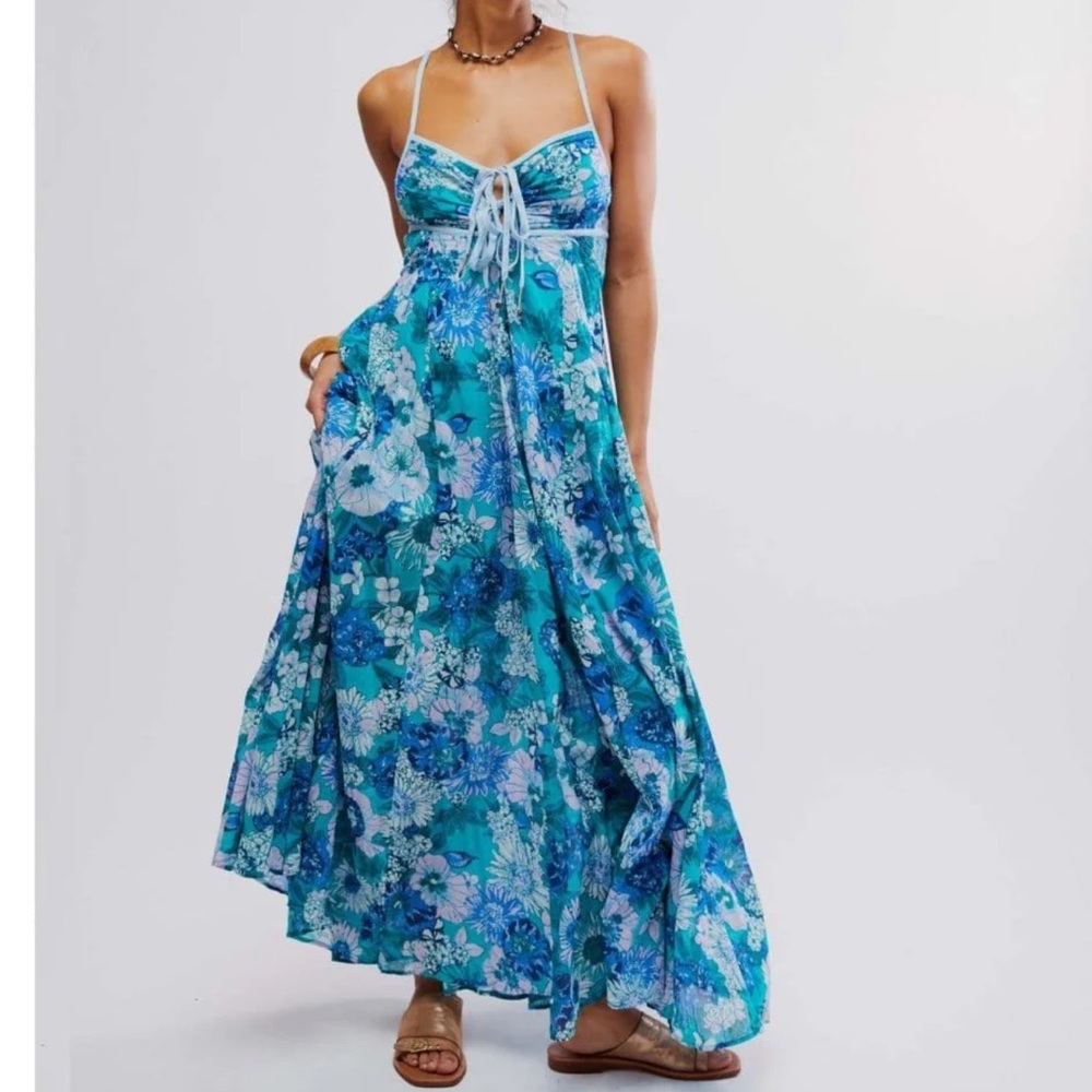 Free People Blue Tiered Wrap Sundress
